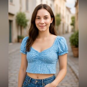 Blue and White Puff Sleeve Ruched Blouse